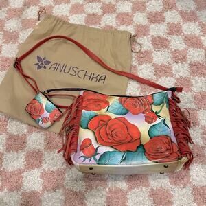NEW Anna by Anuschka Large Leather Fringed Roses Hobo Purse